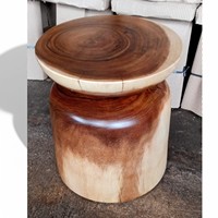 Tabouret sculptural en bois massif de 35 cm de diamètre, table d'appoint ronde à 3 niveaux, bois de suar naturel, tabouret tambour sculpté à la main pour hôtel, villa