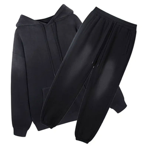 Haute qualité unisexe 500GSM détresse sweats à capuche lavage acide survêtement ensemble à manches longues pull ceinture élastique Vintage hiver Logo - Product Image 6