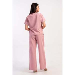 KADIN KIBRIS V YAKA KISA KOL BLUZ CEPLI PILI KASELI BOL PANTOLON TAKIM - สีชมพู - สีชมพู - Product Image 4