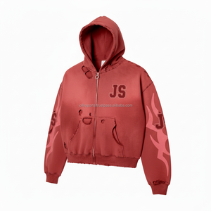 Sudadera con capucha y cremallera de lana de algodón pesado GSM 380 Premium, diseño desgastado de tela suave con bordado de logotipo personalizado, sudadera con cremallera básica - Product Image 3