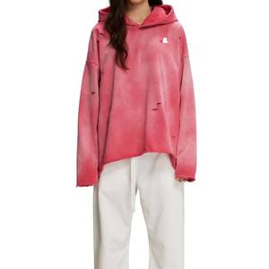 Lavage à l'acide nouveau Vintage délavé en détresse femmes sweat surdimensionné Polyester coton hiver décontracté motif solide - Product Image 1