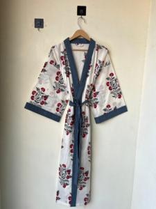 Kimono de algodón 100% con estampado de bloques, albornoz con estampado Floral, bata larga, ropa de dormir de verano, regalo Unisex de dama de honor, talla única - Product Image 6