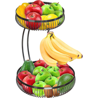 Panier à fruits et légumes à 2 niveaux en fer avec porte-bananes, noir, 64 onces