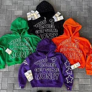 Y2K Trendy Custom Rhinestone Hoodie Unisex Fleece French Terry Acid Wash Distressed Zip up Hoodie Manufacturers Custom logo - Product Image 1