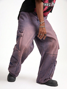 Salopette en jean pour homme, sur mesure, taille mi-haute, style tendance, décontractée, tricotée, lourde, multi-poches, délavée claire, rose net - Product Image 2