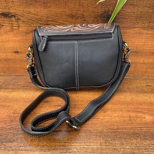 Best Seller Hand <b>Tooled</b> Hair on Genuine <b>Leather</b> Women Crossbody Bag for Women's Black Floral Custom Cowhide Luxury Western Purse - Product Image 4