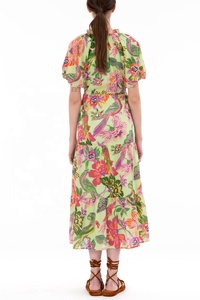 Vestido Maxi Estampado Floral para Mujer, Vestido Holgado de Gasa para Verano, Cuello en V, Manga Abullonada, Transpirable, Informal, para Ocio al Aire Libre - Product Image 3