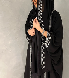 Handmade High Quality Black Silk <b>Long</b> Sleeve Anti-Wrinkle Dubai Abaya Beautiful <b>White</b> Embroidery Traditional Muslim Prayer Wear - Product Image 6