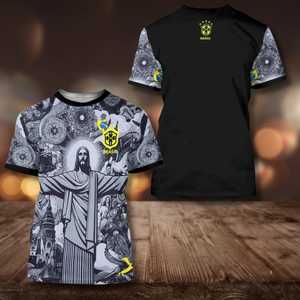 Camiseta con Diseño Inspirado en Brasil con Arte del Monumento de Río, Camiseta Urbana con Estampado Audaz para Amantes de la Cultura, Patrones Barrocos Negros - Product Image 1