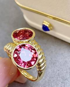 Anillo de cóctel 6ct Turmalina natural Turmalina roja redonda Plata de Ley 925 14K 18K Chapado en oro amarillo Tú y yo - Product Image 1