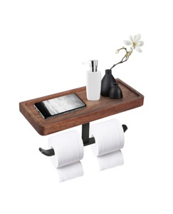 Soporte de papel higiénico de madera Varillas de aluminio antioxidantes Montado en la pared para rollos de tamaño normal Soporte de papel higiénico para baño Baño - Product Image 1