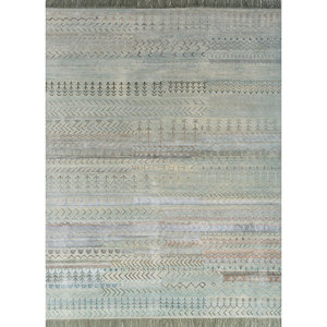Tapis Manchaha bleu noué à la main en laine et soie de bambou, épaisseur 10 mm, motif géométrique abstrait pour la maison, couloir, modèle rectangulaire - Les-2398 - Product Image 1