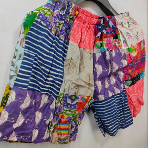 Pantalones cortos holgados de retazos de algodón 100%, patrón caliente, cintura alta, cierre de cordón, pantalón asimétrico transpirable, bordado de estilo - Product Image 1