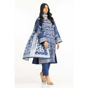 ชุดสูทผ้าสวิสวอยล์พิมพ์ลายเคลือบเงาสีน้ำเงินสำหรับผู้หญิง 3 ชิ้น พร้อมตกแต่งกระดุม - Product Image 1