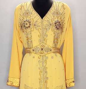 High Quality Moroccan <b>Kaftan</b> for <b>Women</b> Yellow Luxurious Embroidered Modest Wear Full Sleeves SunProof Hijab Traditional Muslim - Product Image 4