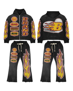 Custom DTG French Terry Cloth Pullover Vintage de alta calidad Streetwear Distressed Acid Wash pantalones de chándal acampanados y conjuntos de Sudadera con capucha - Product Image 1