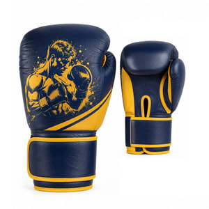 Professional Boxing <b>Gloves</b> <b>Leather</b> <b>Navy</b> Blue Yellow Silk Screen Print Velcro Closure Breathable Adult Training Gear - Product Image 6