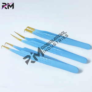 Pinzas para Extensión de Pestañas RMI de Alta Calidad con Punta de Plasma Dorada y Recubrimiento en Polvo Azul Cielo, Juego de Pinzas de Acero Inoxidable con Agarre de Diamante - Product Image 2