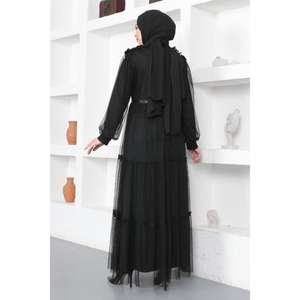 Vestido de Noche Largo de Tul con Encaje Detallado, Talla XS, Vestido de Gala con Decoración en Capas, Largo hasta el Suelo, para Banquetes y Fiestas - Product Image 5