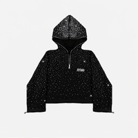 Logo personnalisé Pierre pailletée Zip Up Boxy Fit Sweat à capuche et Bling Rhinestone Ensembles de pantalons de survêtement pour hommes Unisexe Survêtement pour hommes