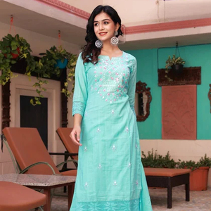 Kurti สําหรับผู้หญิงและเด็กผู้หญิงที่สวยงามนักออกแบบชุดลําลองผู้หญิงสีเขียวทะเลเย็บปักถักร้อย Anarkali Kurta - Product Image 1