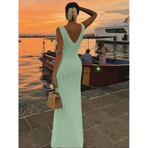Vestido Maxi Elegante de Punto con Tirantes y Cuello en V para Mujer, Marca Jane's, con Patrón de Trenzas, para Uso Diario Informal - Product Image 2