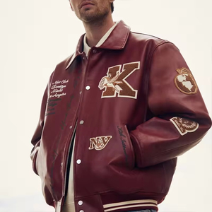 OEM Custom Embroidered Leather Baseball Bomber Jacket for Men <b>Vintage</b> College Varsity Style with Low MOQ Letter Pattern - Product Image 5