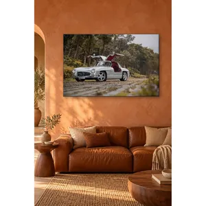 Impression sur toile Fida Silver Mercedes 300 SL avec portes à ailes d'oiseau ouvertes dans la forêt - Product Image 3