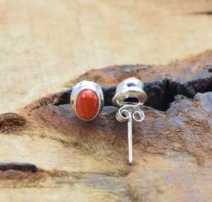 Coral rojo 925 Pendiente de tuerca de plata esterlina Piedra preciosa natural personalizada Regalo de compromiso de boda vintage - Product Image 4