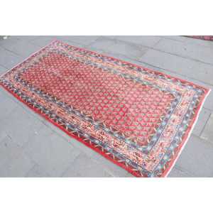 3.5x7.5 ft Turkish Vintage Moroccan <b>Wool</b> Rug <b>Red</b> Blue Patchwork Design Eco-Friendly Latex Backing - Product Image 2