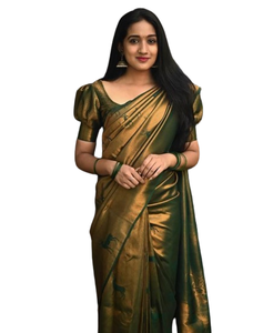 Sari en tissu doux avec motif jacquard lourd et zari, avec pièce de blouse, pour femmes, tenue de soirée, tissage indien et pakistanais pour adultes - Product Image 1