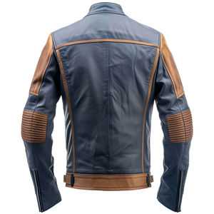 Blouson d'été matelassé léger et imperméable en peau de mouton véritable bleu marine et marron, style motard, col montant, multi-zippé, décontracté, avec doublure Sherpa - Product Image 2