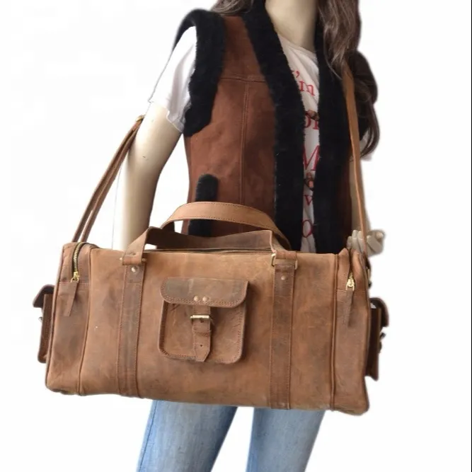 Unisex Men & Women Genuine Leather Travel duffle Luggage Sports Brown Crazy horse leather Weekend Bag
