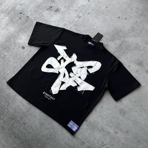 T-shirt homme 100% coton épais et surdimensionné Baggy Boxy Fit broderie 3D lettre Applique Designer tissu tricoté solide - Product Image 3