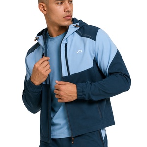 Trendy Windbreaker <b>Men</b>’s Navy Light Blue Color Block Hooded <b>Jacket</b> OEM Zip Front Outdoor Active Shell Coat for Wholesale Buyers - Product Image 1