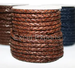 Cabo trançado de couro marrom redondo, corda multicolor redondo de couro genuíno para colar, fabricação de pulseira e bracelete