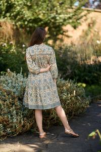 Vestido de Algodón Estampado a Mano Kamilla, Estilo Boho, Floral, Amarillo Verde, Moda Ética - Product Image 5