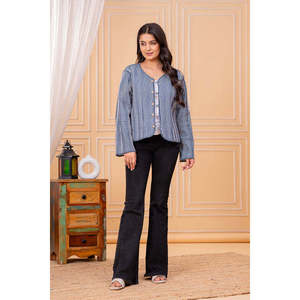 Autumn Blue Printed Cotton Jacket for Women Customizable Logo Quilted Bomber Style Patchwork Decoration Button <b>Fur</b> Spandex - Product Image 4