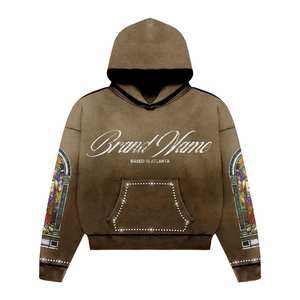 À la mode Acide Lavé Pull À Capuche pour Femmes 100% Coton Vintage Imprimé Applique Broderie Hiver Chaud Côtelé Poignets Marron - Product Image 4