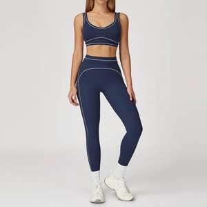Ensemble de sport deux pièces pour femme, uni, sans couture, respirant, taille élastique, extensible dans les quatre sens, avec cordon de serrage intégral, sexy, pour gym et yoga, vente en gros - Product Image 3