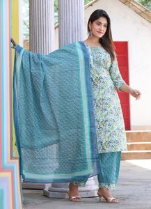 Belle broderie imprimée florale et belle avec un travail de séquence sur le joug Kurti jumelé avec un pantalon afghan et du coton Malmal Dupptta - Product Image 3