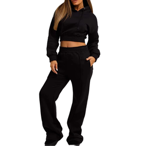 Latest Design Custom Logo Color <b>Black</b> Cotton Women's Winter Solid Tracksuits Sets Sports Wear Full <b>Sleeve</b> <b>Crop</b> Top Pullover - Product Image 4