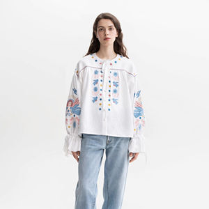 Blusa de lino con bordado floral étnico negro y rojo Manga abombada de lino puro Estilo vintage ucraniano Vyshyvanka popular - Product Image 1