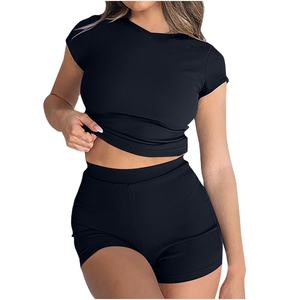Ensemble de Yoga taille moyenne respirant pour femmes motif solide Logo avant personnalisé vêtements de sport 2 pièces avec fermeture élastique à manches courtes - Product Image 2