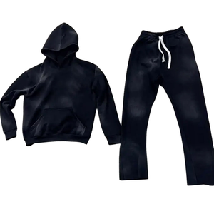 Ensemble survêtement à capuche noir délavé à l'acide pour homme, sweat-shirt en molleton vintage, pantalon de jogging droit, streetwear minimaliste, hiver - Product Image 5