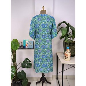 Robe Kaftan Bohème Indienne Imprimée Florale Bleu Soleil Vert Mer en Coton Léger Respirant – Look Parfait pour Cache-Maillot de Bain - Product Image 5