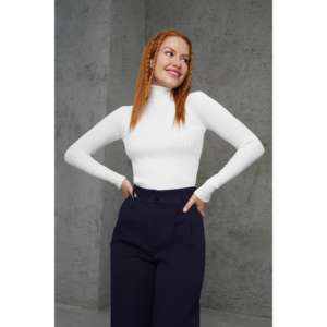 Suéter de Punto con Cuello Alto y Detalle Acanalado Blanco para Mujer - Venta al por Mayor - Product Image 3