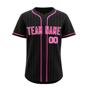 Camiseta de Béisbol Negra con Rayas Finas y Ribete Rosa, Cierre de Botones, Transpirable, de Secado Rápido, Malla de Poliéster, Personalizable con Nombre, Número y Logotipo - Product Image 4