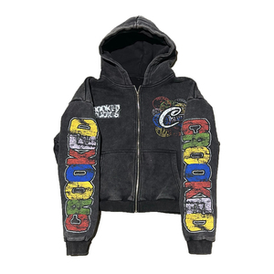 ผู้ผลิตเสื้อฮู้ดดี้ทรงครอป บ็อกซี่ โอเวอร์ไซส์ ผ้าคอตตอนหนานุ่ม สไตล์สตรีทแวร์ ลุคทำเก่า ซิปหน้า ล้างสีแบบแอซิดวอช - Product Image 1