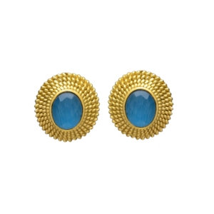 New Arrival Gold Plated Circular Earrings With Sunburst Design and Blue Chalcedony Gemstones - Product Image 1